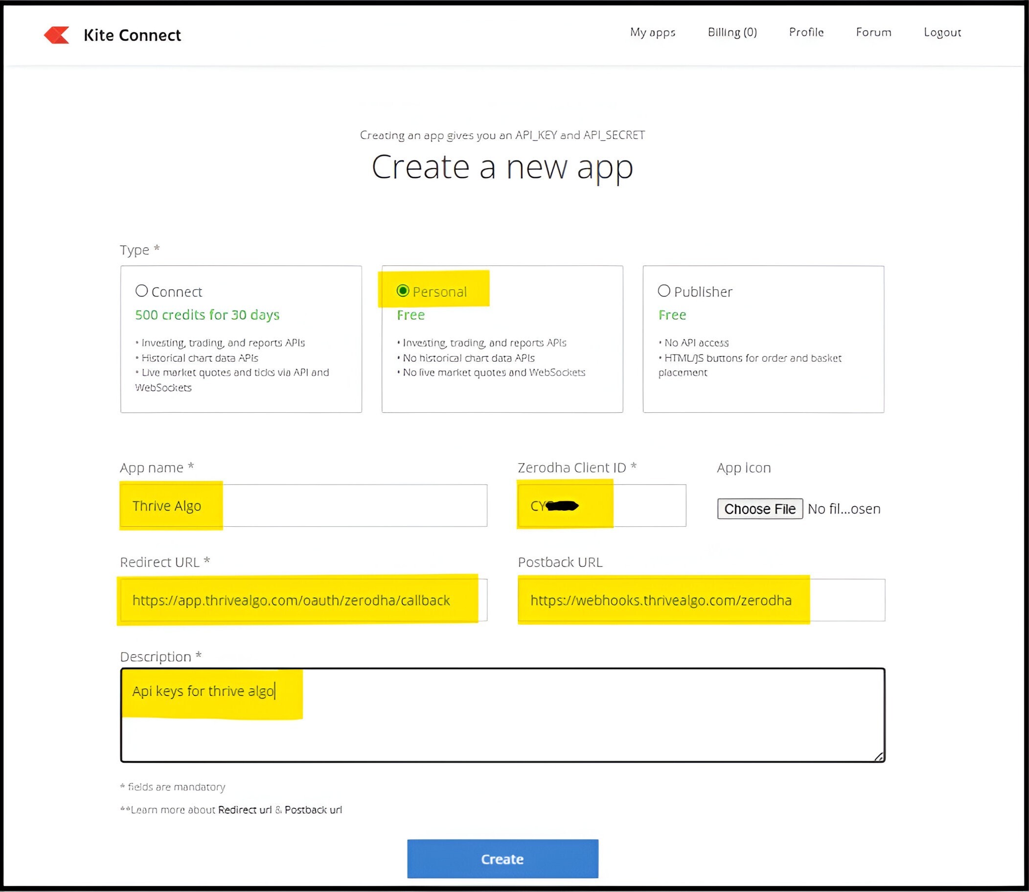 Zerodha Kite Create New App Form